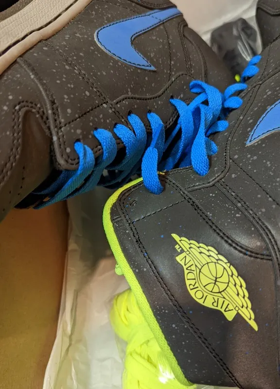 Air Jordan 1 Retro High BHM 2013 sneakers in black, volt, and photo blue