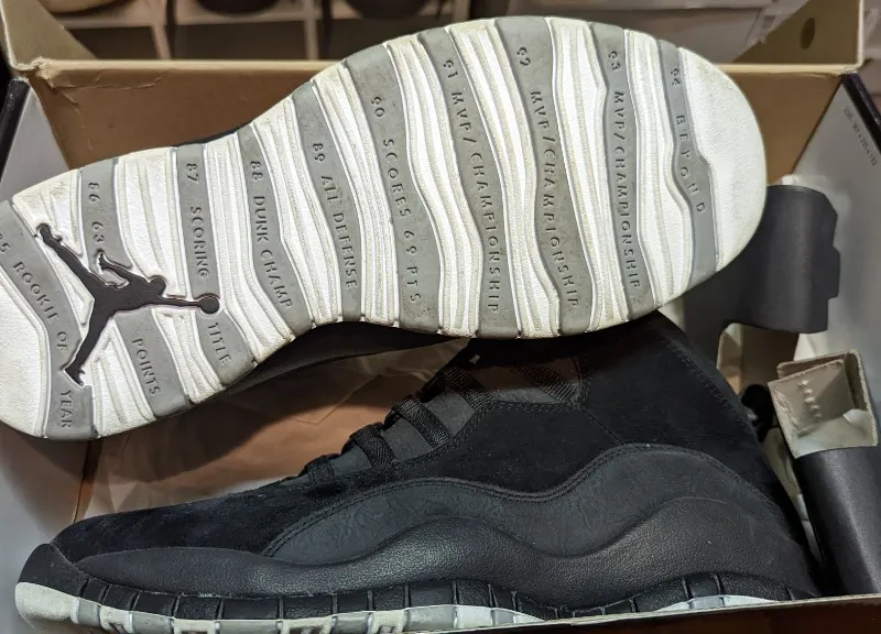 Air Jordan 10 Retro Stealth sneakers in black, stealth, and white
